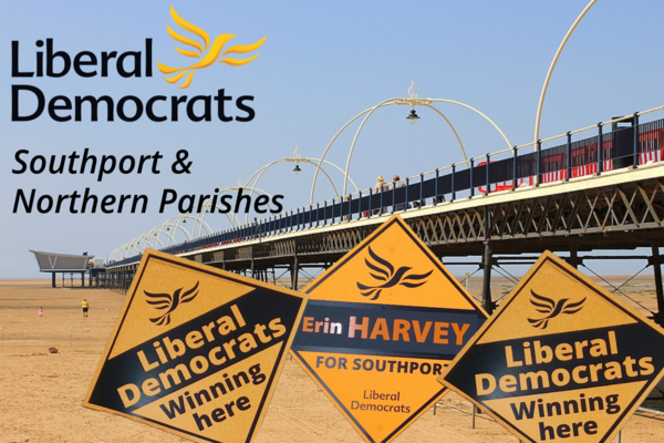 Image of Southport Pier, with Liberal Democrat Poster Boards